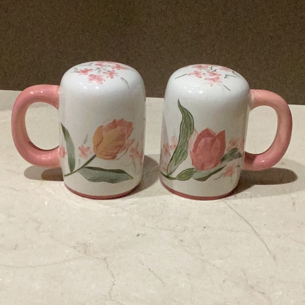 Waverly "Garden Room" Salt And Pepper Large Ceramic Shakers Pink Green Tulips